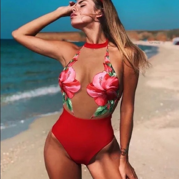 😍 New Red Floral & Mesh Swimsuit - Picture 1 of 6